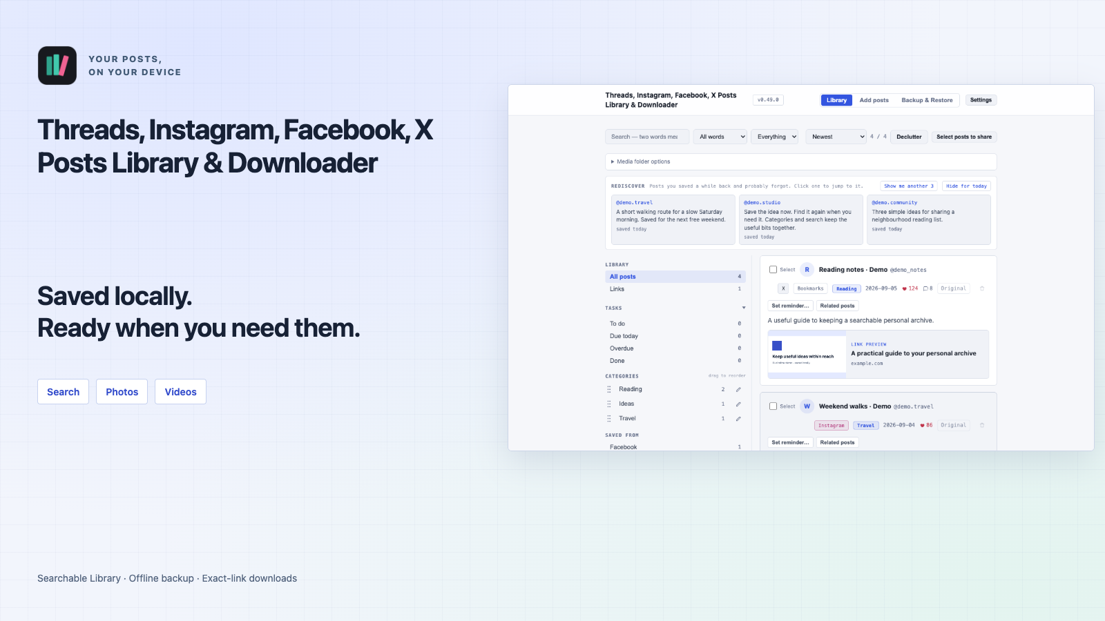 Threads, Instagram, Facebook, X Posts Library & Downloader v0.49.0 cover with the Library interface and labelled Demo posts